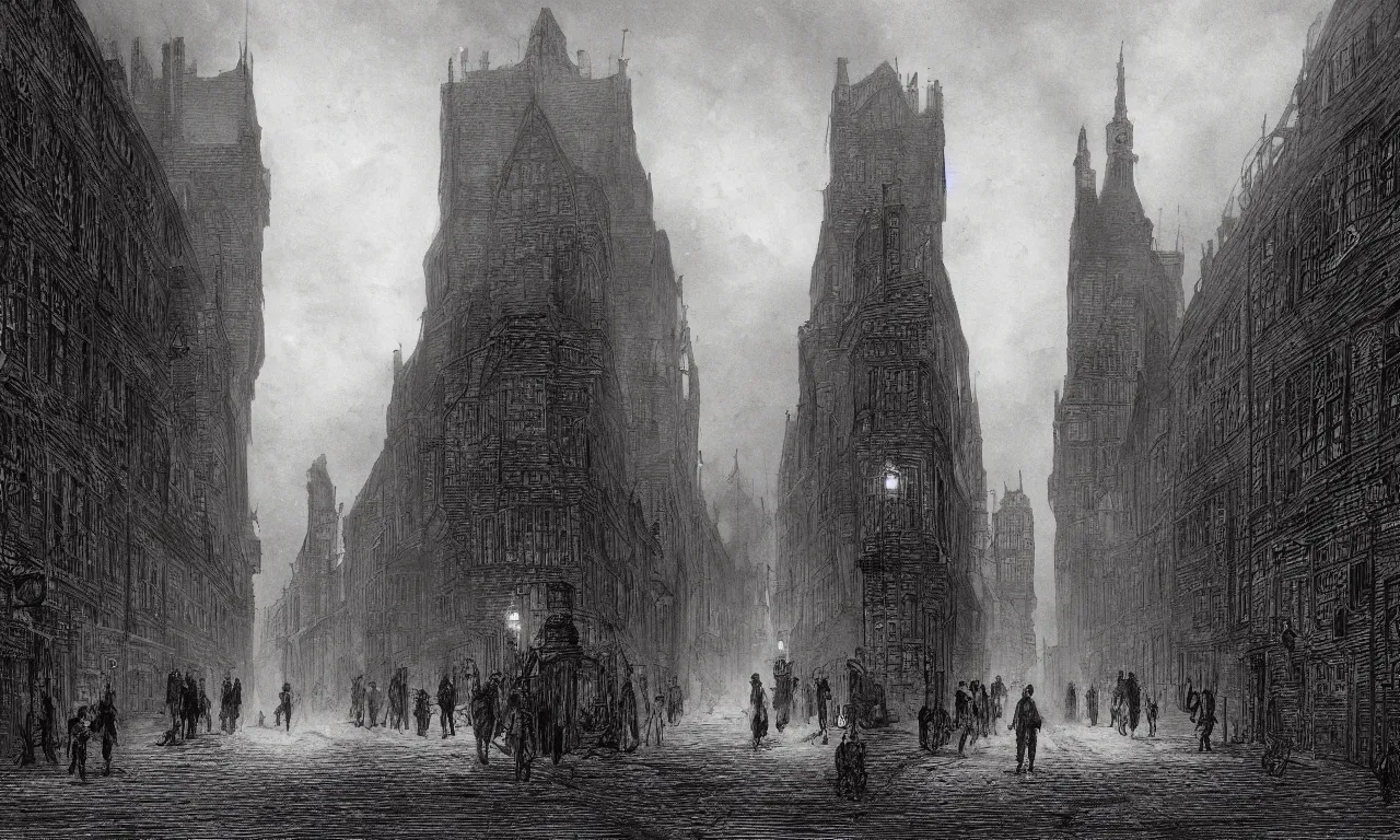 Prompt: a street of 19th century london at night, in the style of Bloodborne
