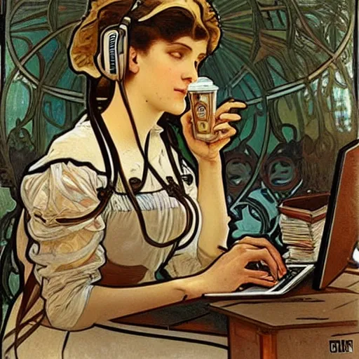Prompt: A woman at a coffeeshop working on her laptop and wearing headphones, painting by Alphonse Mucha