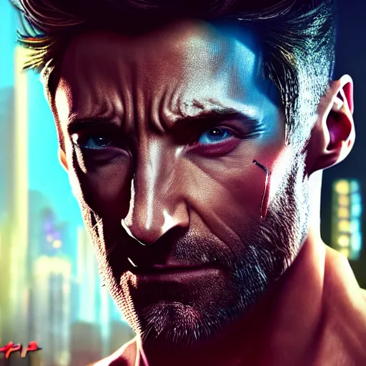 Image similar to hugh jackman portrait, cyberpunk 2 0 7 7, photorealistic, ultra detailed, neon, octane, bokeh, cinematic lighting, cyber, cyberpunk city, studio quality, feature, scars, cyberface, 8 k