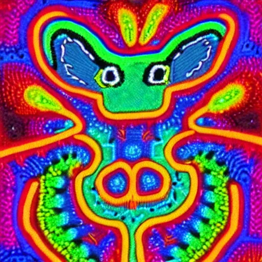 Image similar to trippy neon huichol art design of an axolotl