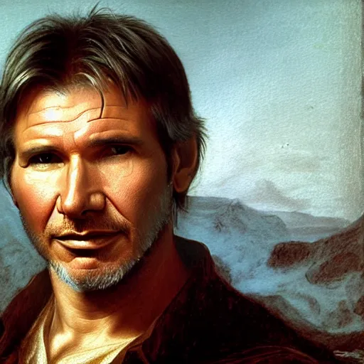 Prompt: a striking hyper real painting of Harrison Ford by da Vinci.