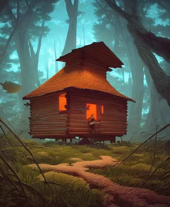 Image similar to minimalist cabin made from exotic fungus, overgrown with huge rare fungus, deep in the woods, by dan mumford, yusuke murata, makoto shinkai, ross tran, underwater, hellish, cinematic, unreal engine, cel shaded, featured on artstation, pixiv