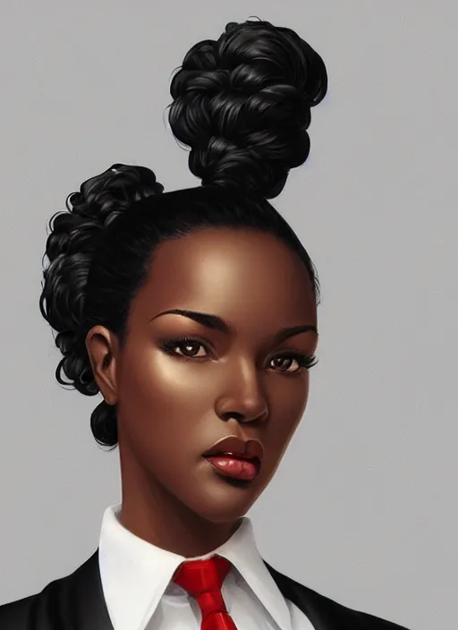 Prompt: detailed digital painting of beautiful black woman in corporate attire with natural hair on a white background, fanart behance trending on artstation, concept art, matte, sharp focus, illustration, super hero pose, hearthstone, art by artgerm and greg rutkowski and alphonse mucha