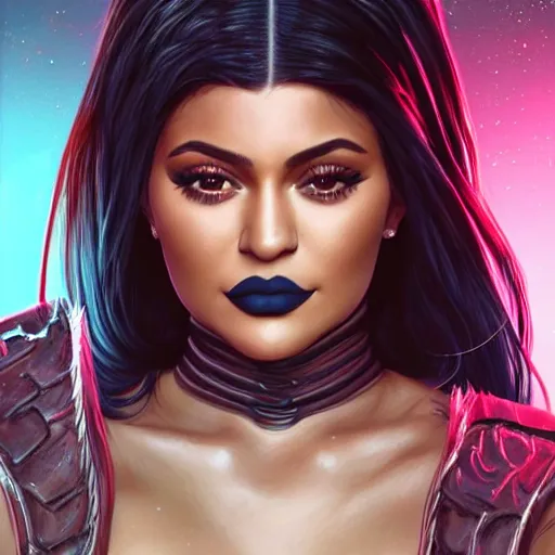 Image similar to full body portrait of kylie jenner as a mortal kombat x ninja character in a leotard, intricate, elegant, highly detailed, digital painting, artstation, concept art, smooth, sharp focus, illustration, art by artgerm and greg rutkowski and alphonse mucha