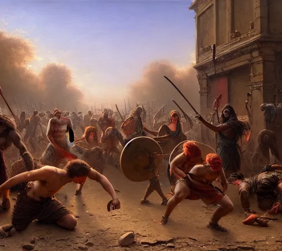 Image similar to an epic matte painting of podcasters, podcasters and YouTube streamers and TikTok stars fighting in the streets of an ancient during the bronze age collapse, soft lighting, very coherent, oil on canvas in the style of John grimshaw,