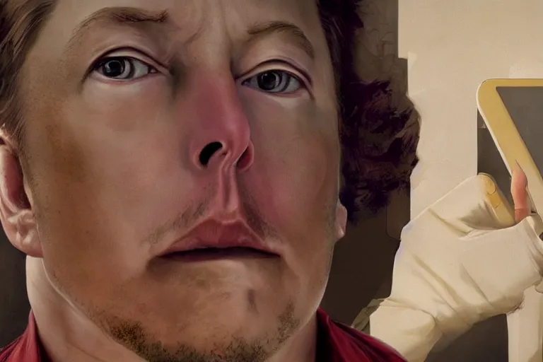 Image similar to hyperrealism aesthetic ridley scott and denis villeneuve style portrait photography of a detailed hyperrealism elon musk, siting on a detailed hyperrealism toilet and scrolling his detailed smartphone in hyperrealism scene from detailed art house movie in style of alejandro jodorowsky and wes anderson