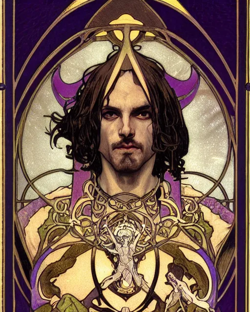 Image similar to tarot card, head and chest only, the devil, demon male, black and purple robes, beautiful, medieval, super detailed, ornate, by alphonse mucha, stjepan sejic, greg rutkowski, symmetry, 8 k, sharp focus