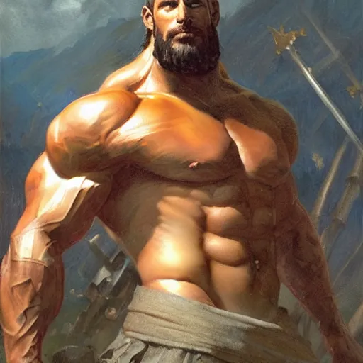 Image similar to handsome portrait of a spartan guy bodybuilder posing, lush surrounding by studio ghibli, by gaston bussiere, bayard wu, greg rutkowski, giger, maxim verehin