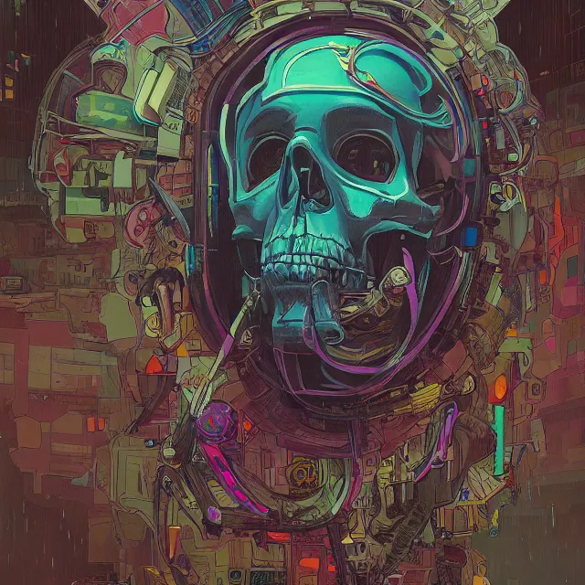 Image similar to a beautiful painting of a cyberpunk skull by simon stalenhag and pascal blanche and alphonse mucha. in style of digital art. colorful comic, film noir, symmetry, hyper detailed. octane render. trending on artstation