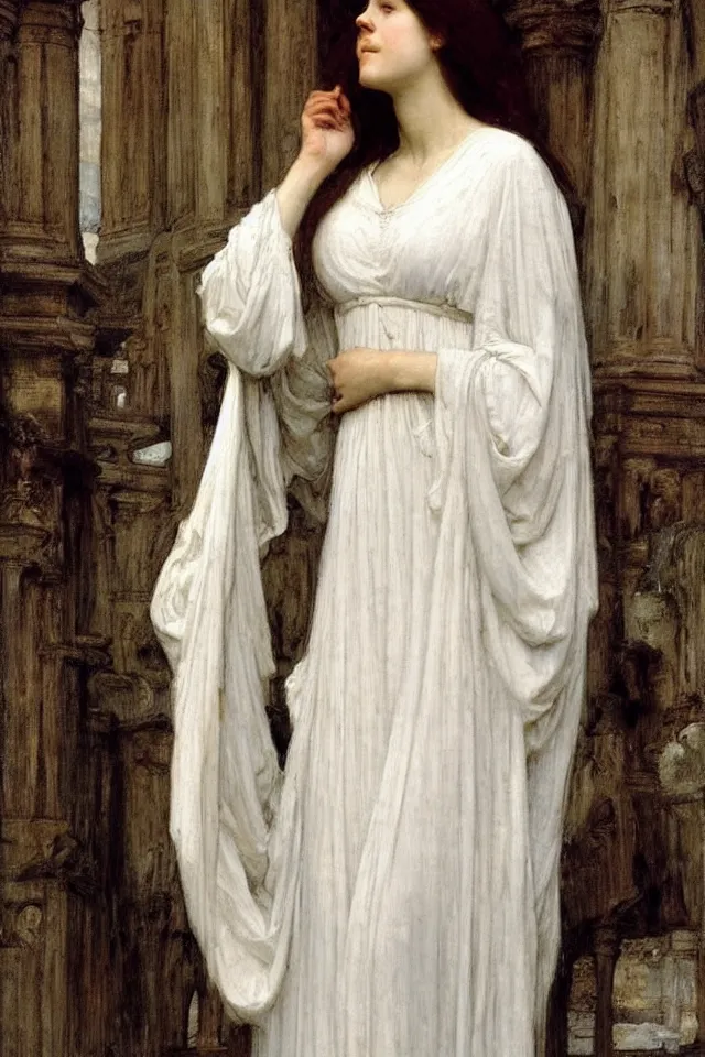 Image similar to beautiful woman in white robes by john william waterhouse, preraphaelite style, detailed, defined, chiaroscuro