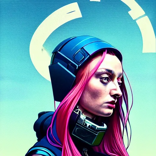 Prompt: high quality high detail portrait of a sophie turner as diesel punk character in an futuristic world, techwear, tristan eaton, victo ngai, artgerm, rhads, ross draws, hyperrealism, intricate detailed, alphonse mucha, pastel colors, vintage, artstation