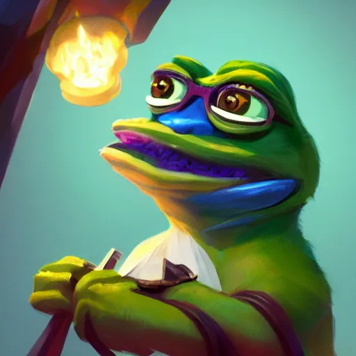 Image similar to super rich happy pepe, luxury, treasury, coins, money, hyper detalied, blue crystals, greg rutkowski, artstation