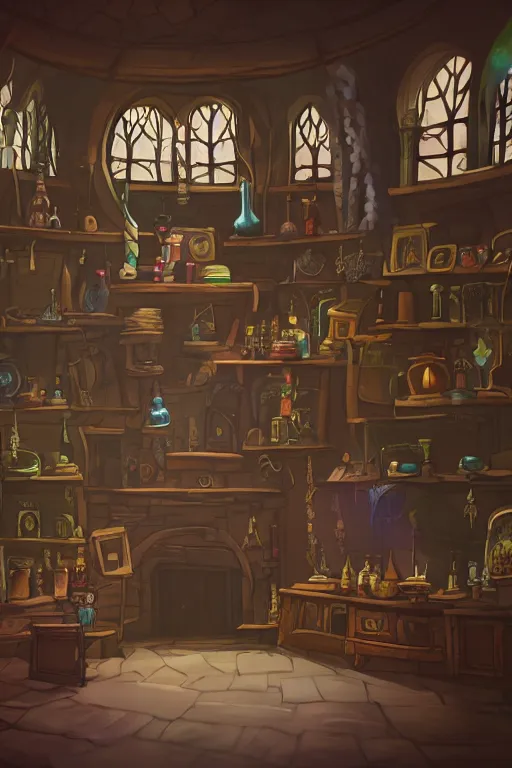 Image similar to inside a magical item shop, fantasy potion vendor interior, ufotable studio art style, wide angle, gothic interior