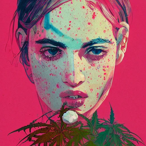 Prompt: watercolot painting by conrad roset, cannabis flowers growing out, portrait, cgsociety, artstation