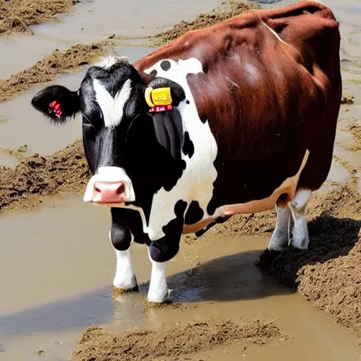 Image similar to a person in a cow costume, stuck in mud