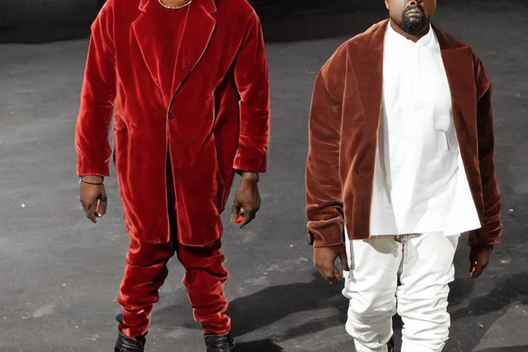 Image similar to kanye west wearing a suit made of steak, runway photo