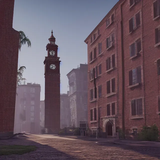 Prompt: georgian style brick clock tower colonial city with tall strange buildings, volumetric, realistic, cinematic lighting, ray tracing, unreal engine 5, octane render, hyper realistic, photo, 8 k