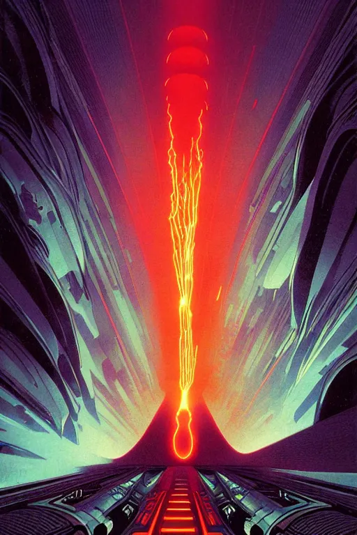 Prompt: artwork by kilian eng and toshi yoshida and franklin booth showing a futuristic powerstation!! in front of a ( ( exploding volcano ) ), in the style of tron, vintage scifi, high details, dramatic lightning,, 8 k