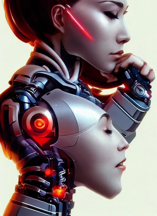 Image similar to portrait of a cyborg woman who turns her head to the ((((((right))))) left+160 (((((up))))) (((((down))))) by Artgerm,eyes closed , biomechanical, hyper detailled, trending on artstation