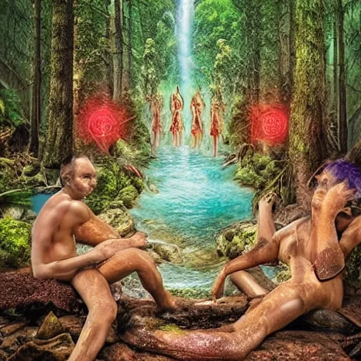 Image similar to gods in forest, three eyed, wide shot, feet in water, vivid colors, foreheads with eyes, ground very detailed, wet eyes reflecting into eyes reflecting into infinity, natural lighting