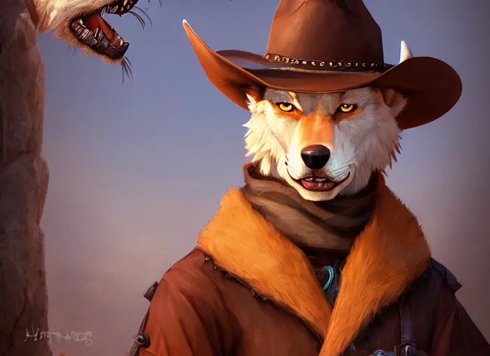 Prompt: character portrait feature of the anthro male anthropomorphic wolf fursona wearing cowboy outfit wild west desperado character design stylized by charlie bowater, ross tran, artgerm, and makoto shinkai, detailed, soft lighting, rendered in octane