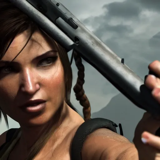 Prompt: lara Croft posing for a selfie pouting her lips, wide shot, realistic, 8k resolution, hyperdetailed, highly detailed, real life, studio lighting, high quality, photo