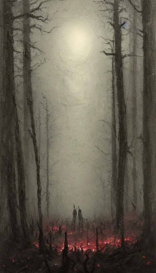 Image similar to a storm vortex made of many demonic eyes and teeth over a forest, by jakub rozalski