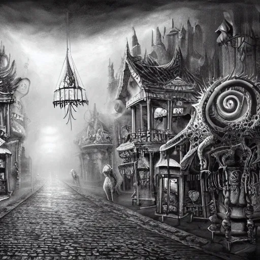 Prompt: ultra realist soft painting of a curiosities carnival by night in loveraftian universe, horror, omnious sky, deep fog, lurking tentacle, symmetry accurate features, very intricate details, black and white, volumetric light clouds
