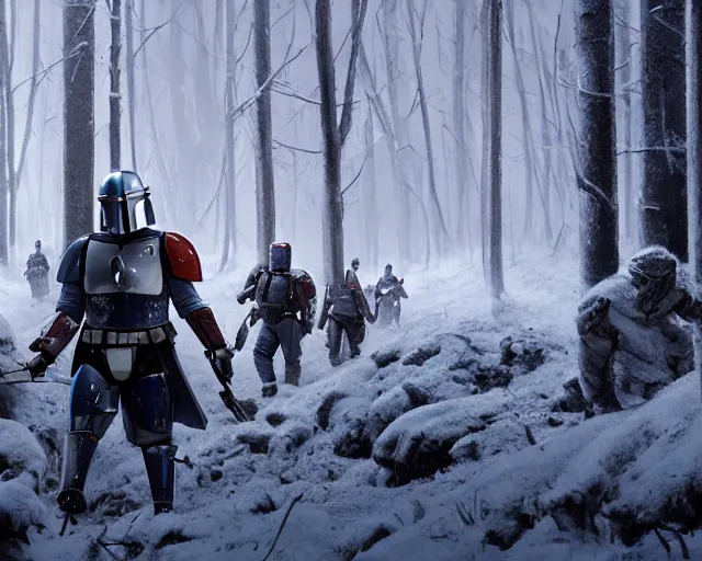 Image similar to jango fett mandalorian bounty hunter is surrounded by dead corpses bodies with blood in a snow forest, concept art highly detailed, great cinematic lighting, octane render, 8 k, depth of field, 3 d, art by greg rutkowski, trending on artstation, cinematographic shot