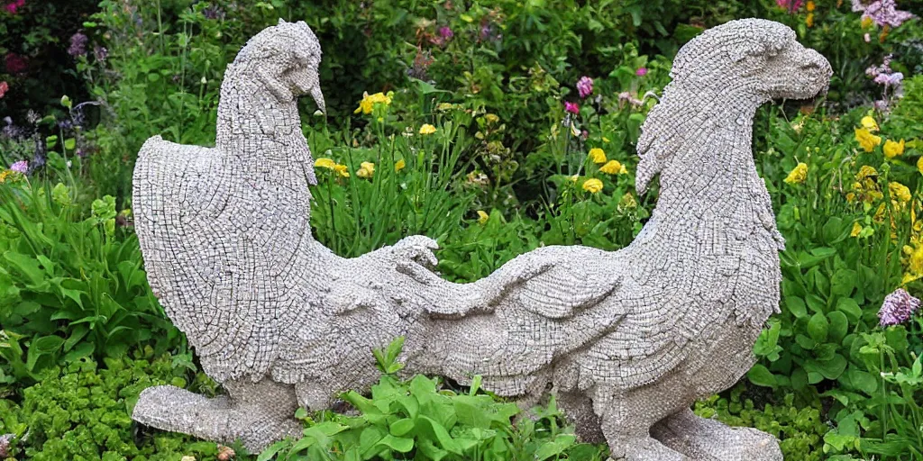 Image similar to extremely detailed pebble mosaic statue, of a griffin, in an english cottage style flower garden