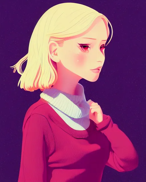 Prompt: digital illustration of pretty girl sa rina with shoulder length blonde hair wearing a sweater, from alice in wonderland, smoking, at night, by ilya kuvshinov, lois van baarle, rossdraws, basquiat