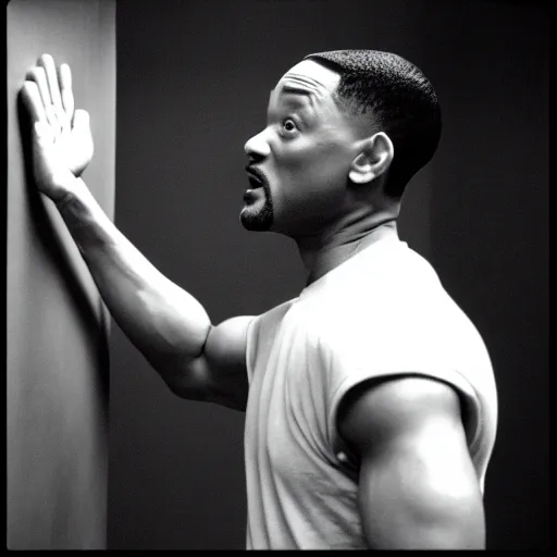 Image similar to will smith slapping a wall with his giant hand. training montage, movie still, cinematic lighting, 3 5 mm film.