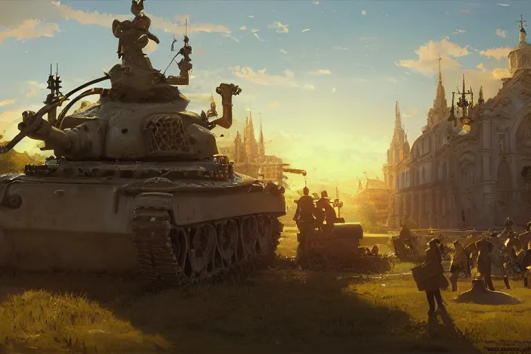 Image similar to an ornate baroque church built on top of a tank. scene in an open field. key visual, conceptart, ambient lighting, highly detailed, digital painting, artstation, concept art, sharp focus, by makoto shinkai and akihiko yoshida and greg manchess