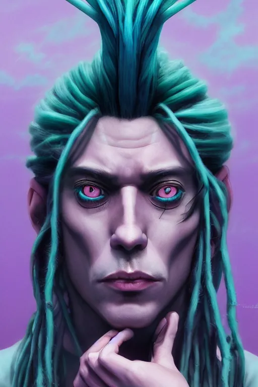 Prompt: vaporwave!!, vaporwave colors!!, an eccentric gothic king with long wild dreads, straight on, by artgerm, jamie hewlett, tom bagshaw, gerald brom, 4 k, smooth, hd, substance designer render, full body character concept art,