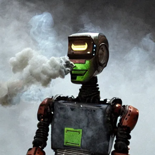 Image similar to chappie the robot, smoking a cigarette, tons of smoke