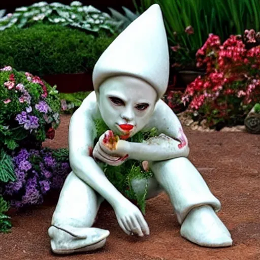 Prompt: photo of a ceramic garden gnome with the face of Lady Gaga