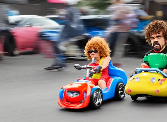 Prompt: peter dinklage drag racing vin diesel driving a little tikes cozy coupe, movie still, from the new tokyo drift movie, 8 k, realistic