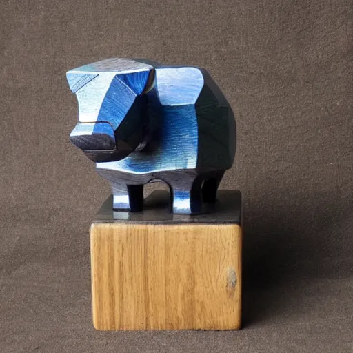 Image similar to wood block small hippo statue, wood blocks bottom hippo body, blue chrome top hippo body, by a genius craftsman, highly detailed, wood block legs made of polished wooden blocks under the blue resin chrome top