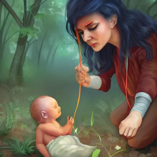 Image similar to Good Samaritana stops to aid helpless baby in forest, trending on artstation