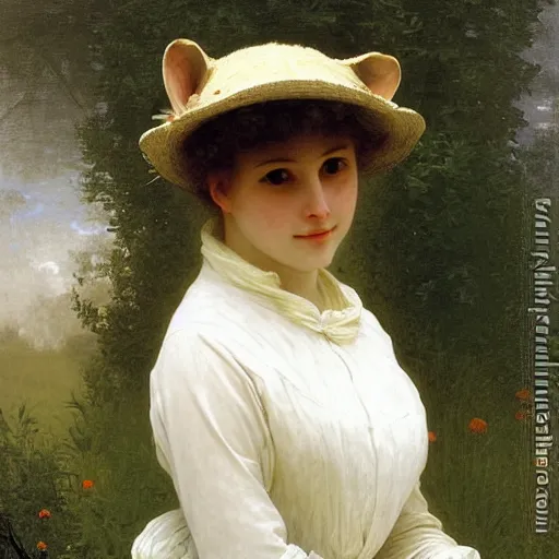 Image similar to A portrait of a fox wearing a white dress and a hat covered in dandelions, beautiful soft painting by William-Adolphe Bouguereau and Robert Cleminson