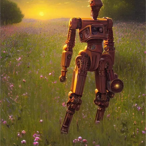 Prompt: medium shot, cinematic portrait of forged rusty droid working as a gardener, holding wild flowers, robotic enhancements, soft lighting, Tomas Kinkade, Tim Hildebrandt, Wayne Barlowe, Bruce Pennington, donato giancola, larry elmore, oil on canvas, masterpiece, trending on artstation, cinematic composition, dramatic pose, beautiful lighting, sharp, details, hyper-detailed, HD H 704