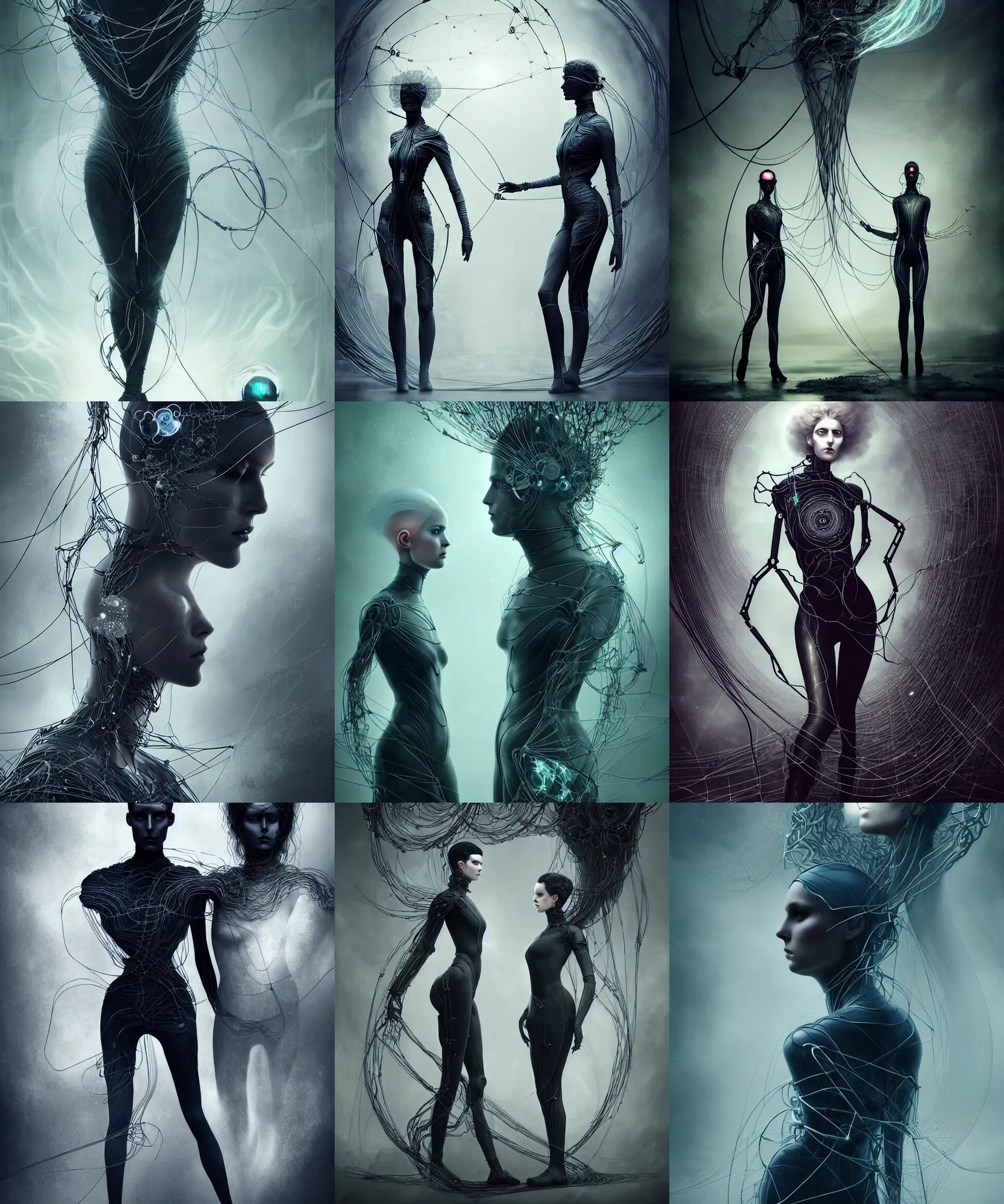 Prompt: charlie bowater and tom bagshaw symmetrical full body character portrait of the borg queen of sentient parasitic flowing ai, floating in a powerful zen state, avant garde fashion model, wearing bodysuit made of wires organic fractal ceramic, machinery enveloping nature in the background, artstation scifi character concept, ominous beautiful mood, hyper realism, sharp focus