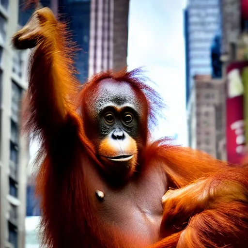 Image similar to a picture of a orangutan swinging in nyc times square, photorealistic