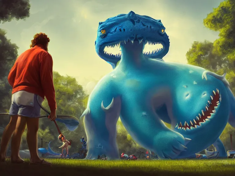 Image similar to adorable anthropomorphic gigantic cerulean furry leviathan monster, playing with andre the giant, in a park surrounded by a city, rpg reference, oil painting, trending on artstation, octane render, insanely detailed, 8 k, hd