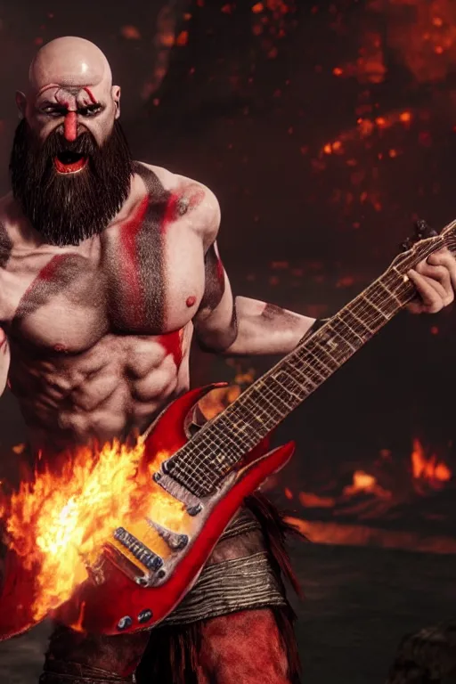Prompt: screaming kratos rocking out on a flaming stratocaster guitar, cinematic render, god of war 2 0 1 8, playstation studios official media, red stripe, red stripe, red stripe, red stripe, red stripe, red stripe, clear, coherent