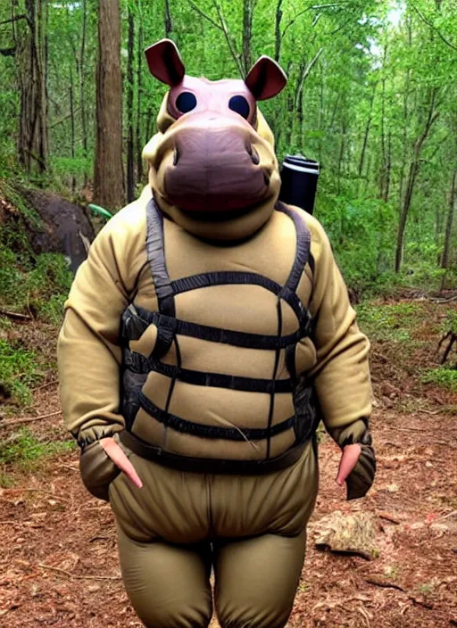 Image similar to an anthropomorphic hippopotamus dressed as a survivalist