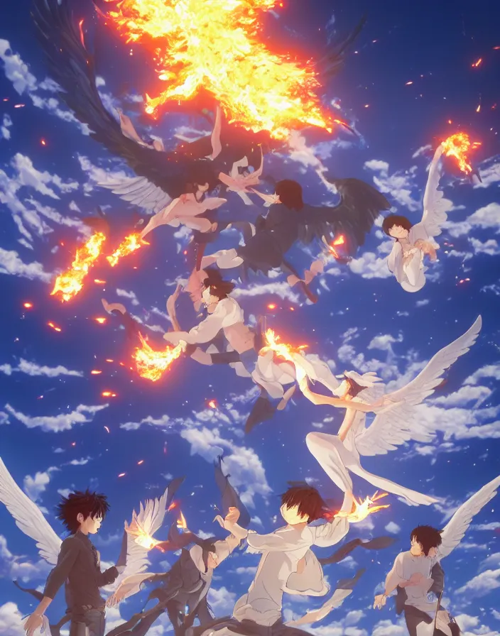 Image similar to fallen angels cast out of heaven by yusuke murata and makoto shinkai, fireballs, smoke, embers, meteors, angels, god rays, 8k, cel shaded, unreal engine, featured on artstation, pixiv