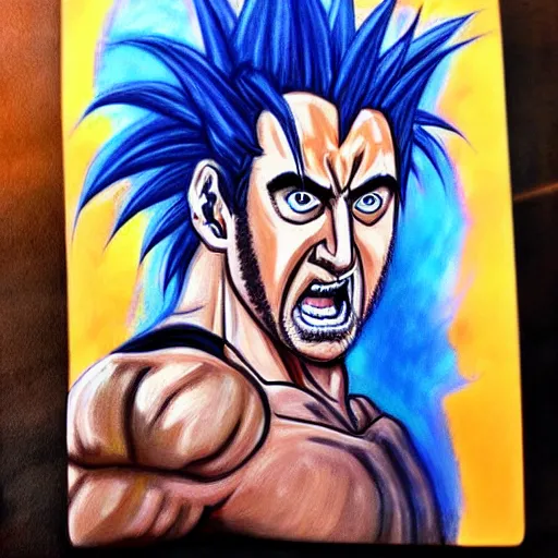 Prompt: nic cage as goku, buff, painted portrait, highly detailed,