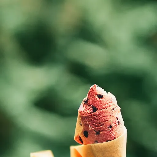 Image similar to a photograph of a strawberry chip ice cream cone, with a cone made from a pinecone. shallow depth of field, fine textured detail.