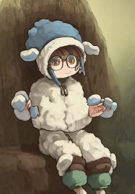 Image similar to beautiful little boy wearing sheep suit using a smartphone while sitting on chair, gray, blue, green and brown pallet color. made in abyss art style, inspired in kris from deltarrune, cute detailed artwork, anatomically correct, soft details, ilya kuvshinov, reflection, perfect composition, mobile wallpaper